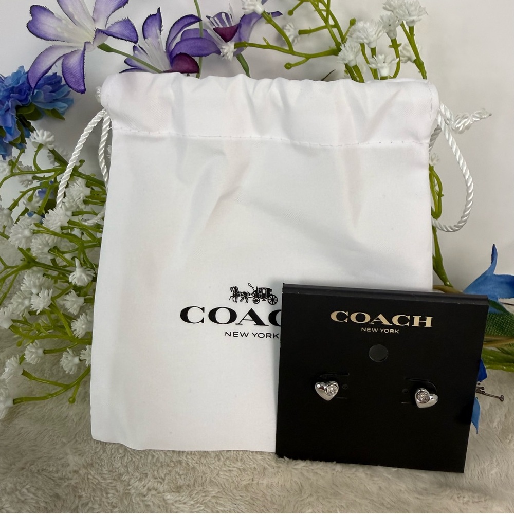 Coach Silver Stud Heart Rhinestone Earrings Pierced Ears with Pouch New